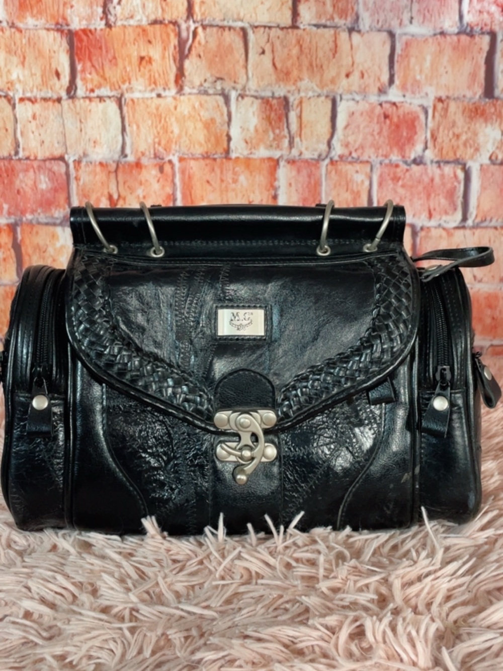 Black Women's Leather Satchel with Braided Flap and Silver Hardware